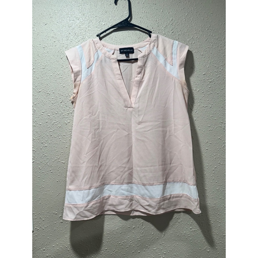 My Michelle Womens Peach‎ Pink White Colorblock V-Neck Sleeveless Blouse Size S